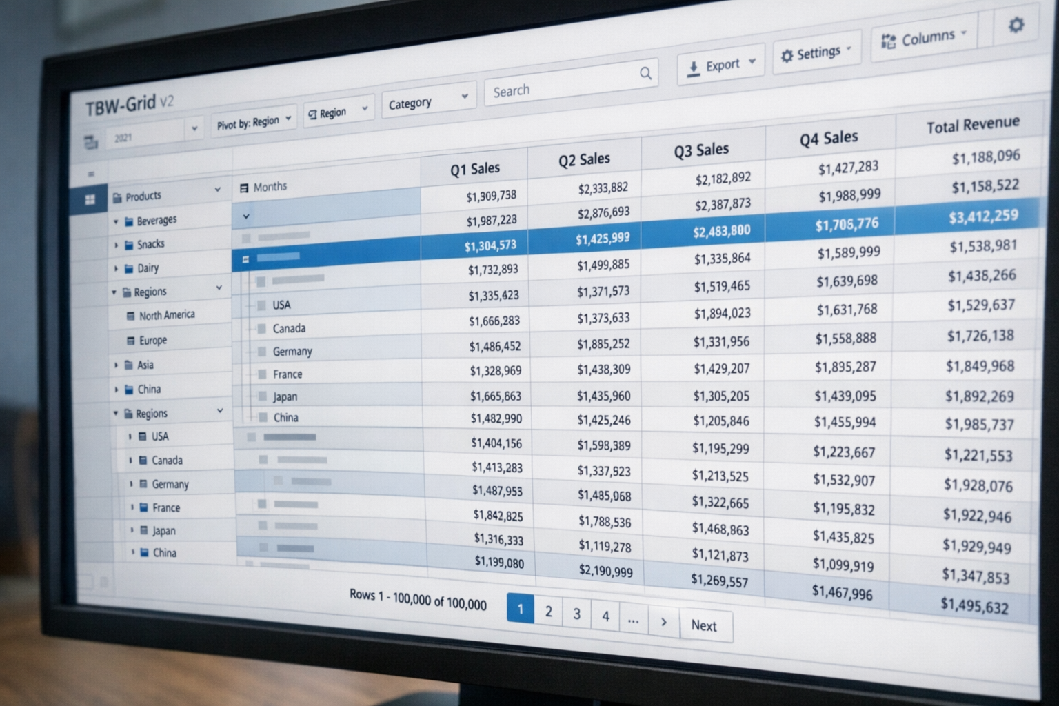 tbw-grid v2 showing 100k rows with server-side tree data, pivot columns, pinned columns and the default theme